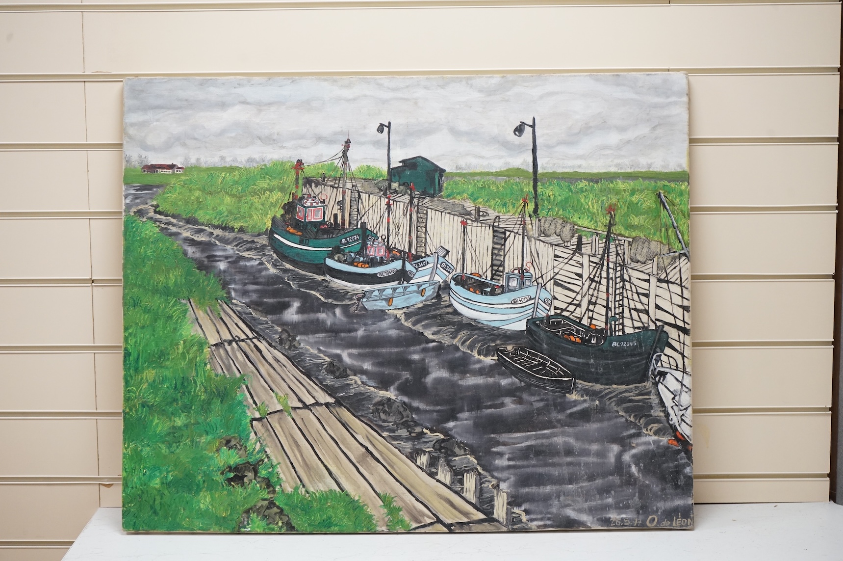O. de Leon, Contemporary oil on canvas, Moored fishing boats, signed and dated 26.5.77, 65 x 81cm, unframed